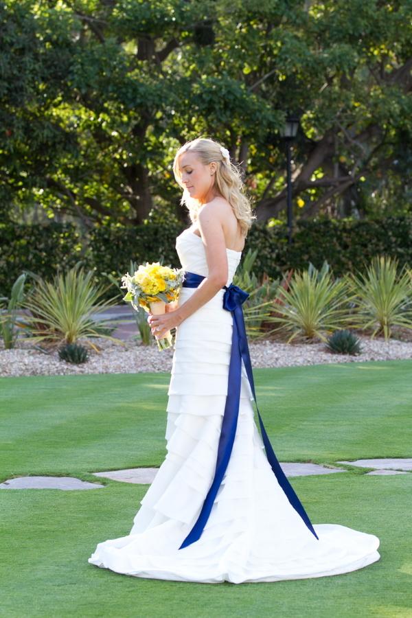 Dream Dresses, wedding dress, white, long, tiered, sash, navy