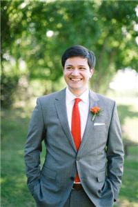 groom, suit, grey, orange, tie, boutonniere