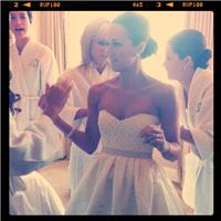 Attire. wedding dress, strapless, hair, bun