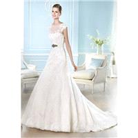 A line Bateau Neck Lace Floor Length Chapel Train Wedding Dress With Sash/ Ribbon - Compelling Weddi