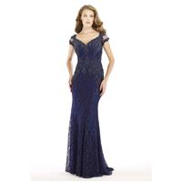 Sheath-Column V-Neck Floor Length Lace Dark Navy Cap Sleeve Zipper Mother Of The Bride Dress Appliqu