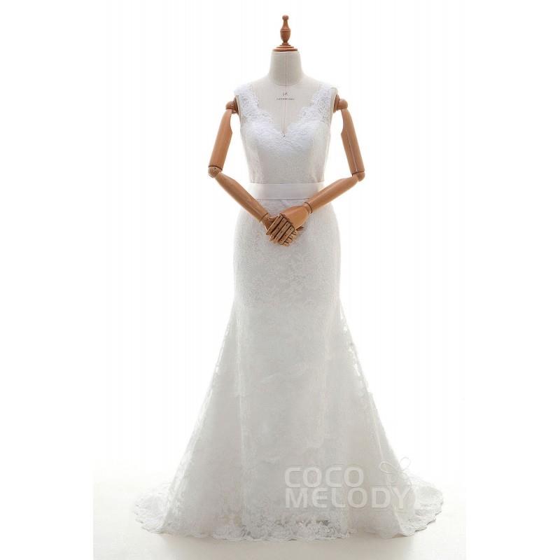 My Stuff, Fantastic Sheath-Column V-Neck Natural Sweep-Brush Train Lace Sleeveless Zipper Wedding Dr