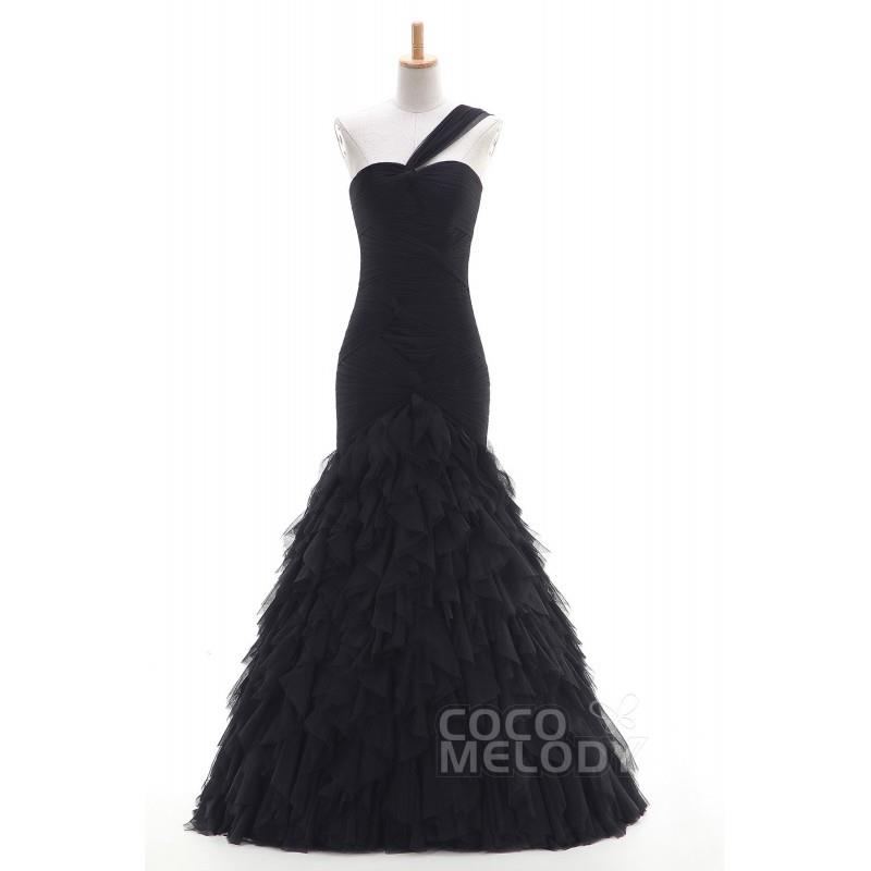 My Stuff, Hot Selling Trumpet-Mermaid One Shoulder Dropped Train Tulle Black Zipper Evening Dress wi