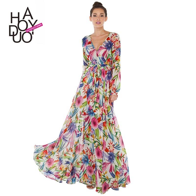 wedding, 2017 spring summer tropical flower print sexy v neck Bell sleeve drape dress women - Bonny