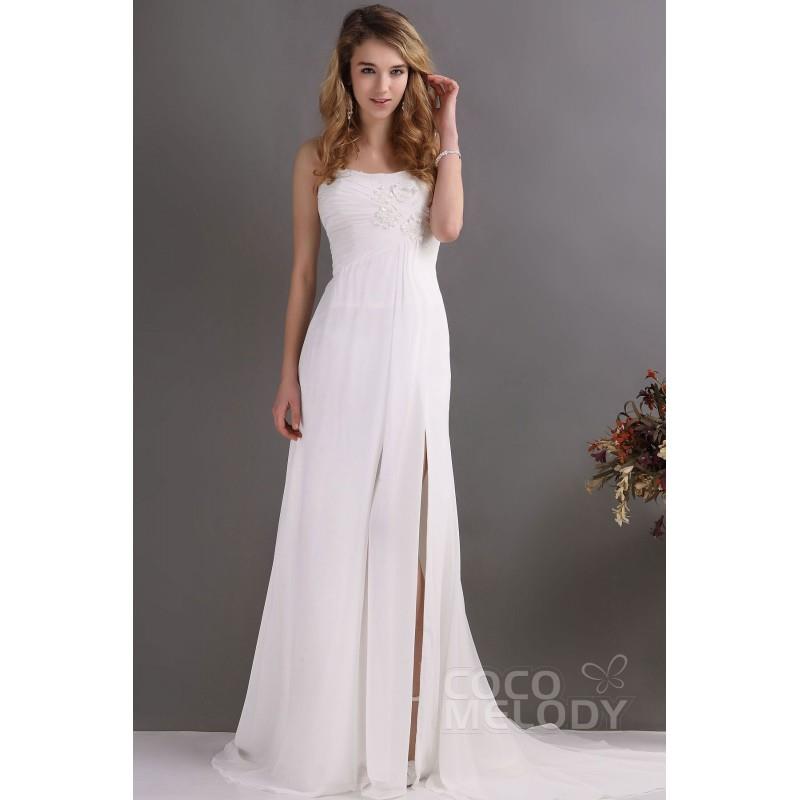 My Stuff, Modern Sheath-Column Spaghetti Strap Sweep-Brush Train Chiffon Ivory Wedding Dress CWZT130