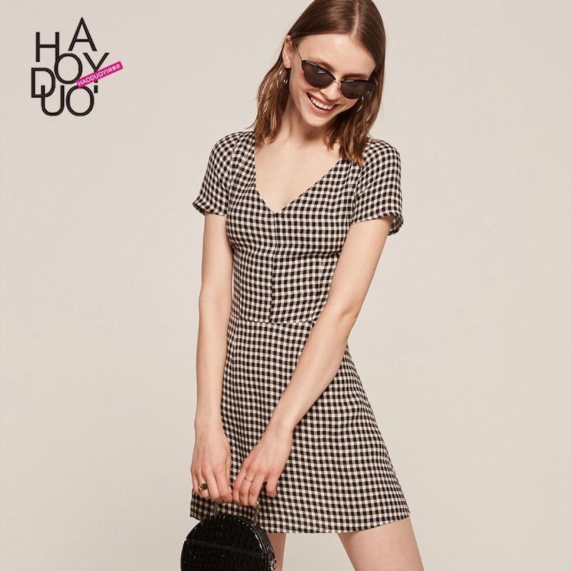 My Stuff, 2017 summer new ladies fashion simple sexy V-neck plaid Short Sleeve A-line dress - Bonny