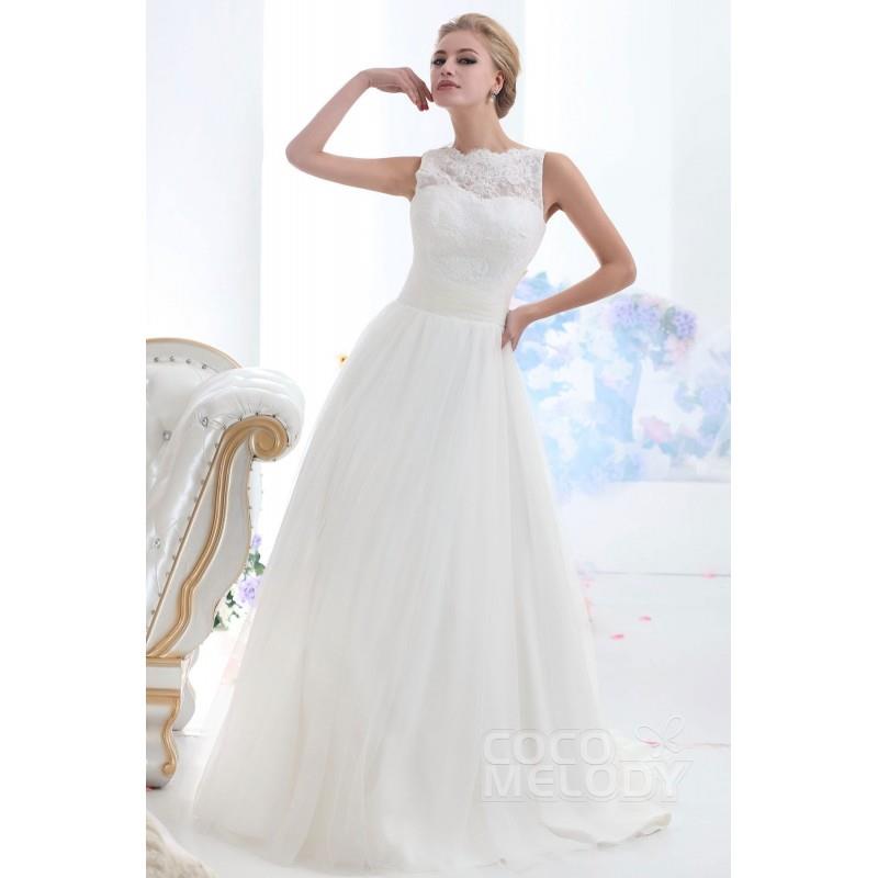 My Stuff, Trendy A-Line Illusion Neckline Sweep-Brush Train Tulle Wedding Dress CWXF13001 - Top Desi