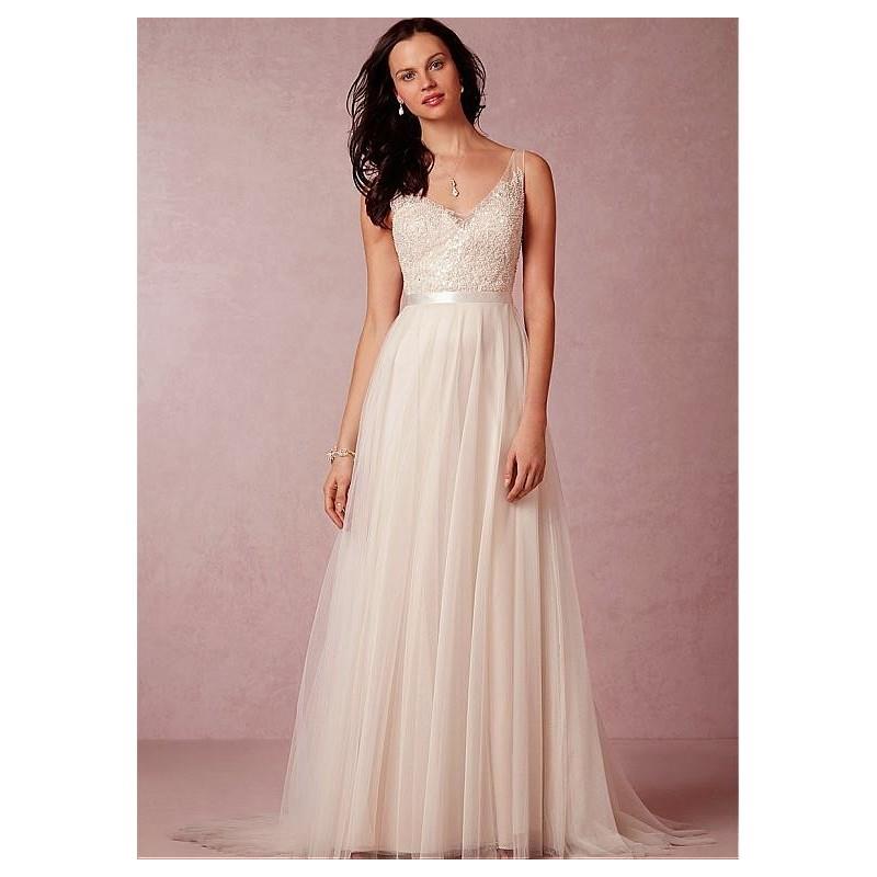 My Stuff, Elegant Tulle V-neck Neckline Beaded Embroidered A-line Wedding Dress - overpinks.com