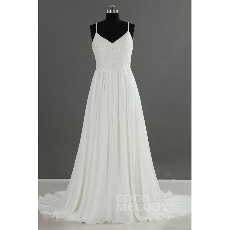 My Stuff, Delicate Sheath-Column Spaghetti Strap Criss-Cross Train Chiffon Ivory Sleeveless Wedding