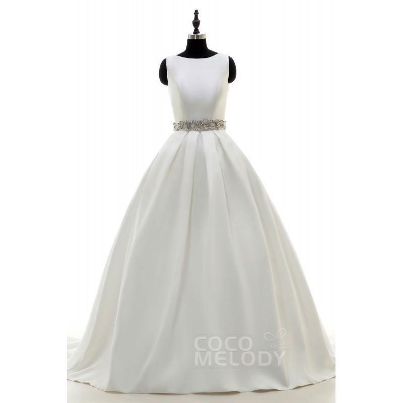 My Stuff, Luxurious A-Line Bateau Train Satin Ivory Side Zipper Wedding Dress with Beading and Sashe