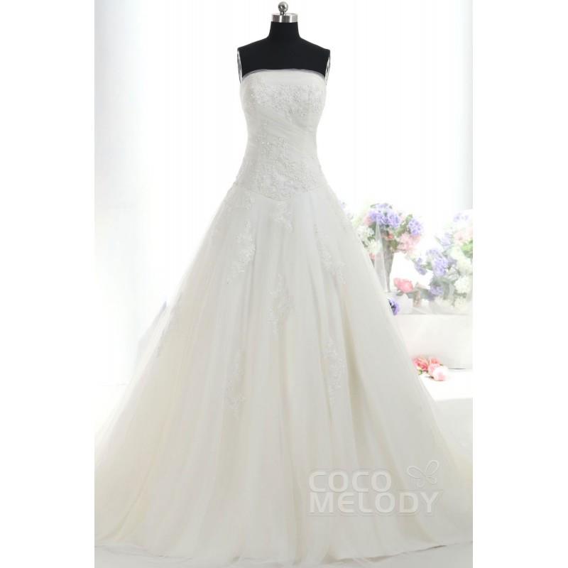 My Stuff, Dreamy A-Line Strapless Basque Train Tulle Ivory Sleeveless Zipper Wedding Dress with Bead