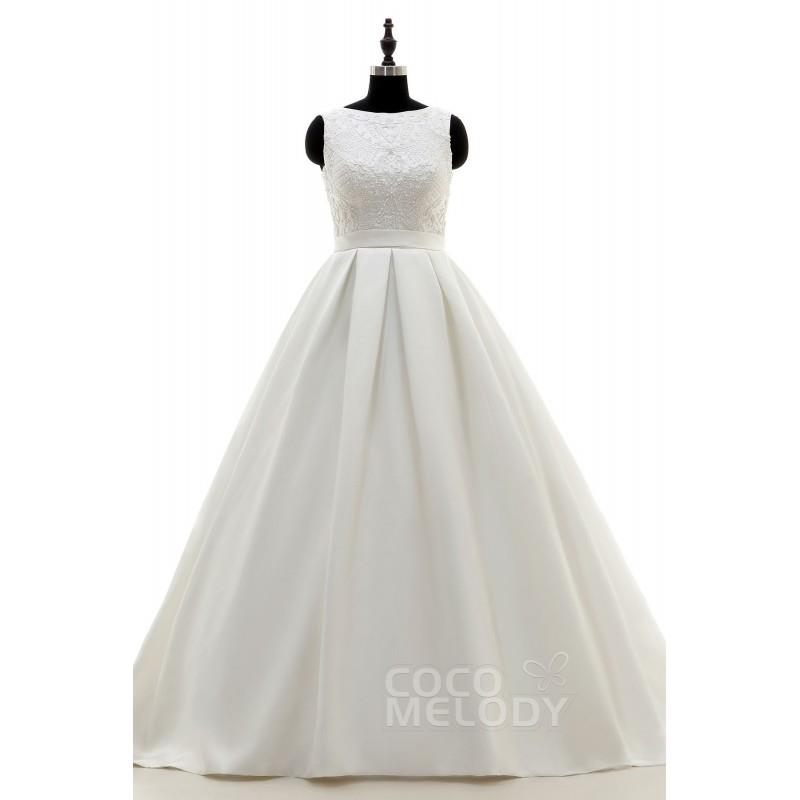 My Stuff, New Design A-Line Bateau Train Satin Ivory Open Back Wedding Dress with Beading - Top Desi