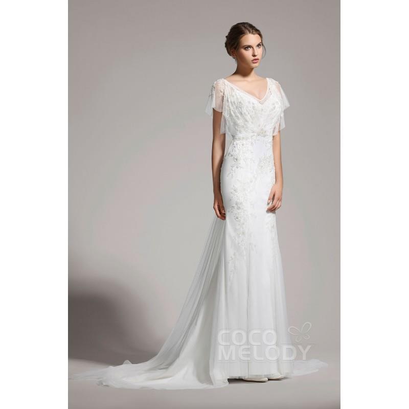 My Stuff, Delicate Trumpet-Mermaid V-Neck Tulle Ivory Cap Sleeve Wedding Dress with Beading - Top De