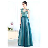 In Stock Elegant Silk Chiffon & Densitied Malay Satin Jewel Neckline Floor-length A-line Evening Dr