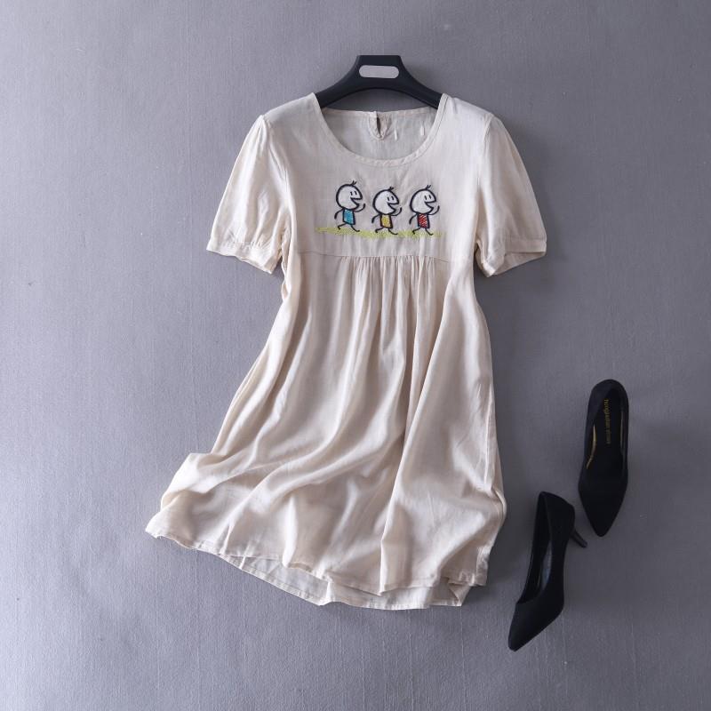 My Stuff, School Style Sweet Fresh Embroidery Ramie Summer Dress - Lafannie Fashion Shop