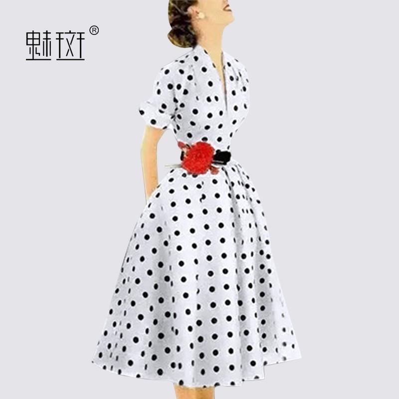 My Stuff, Slimming Curvy A-line Polka Dot Summer Short Sleeves Mid-length Skirt Dress - Bonny YZOZO