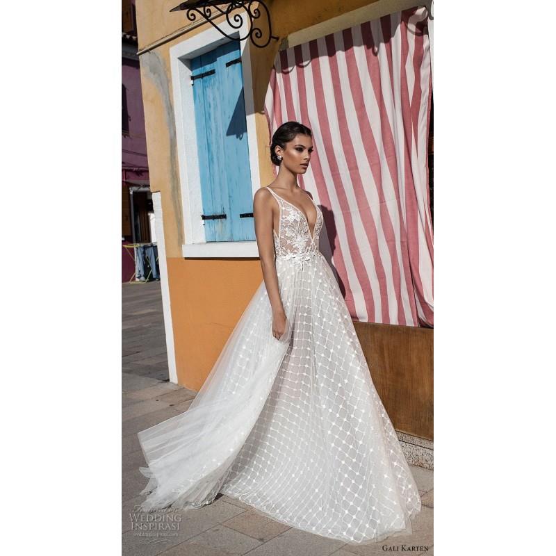 My Stuff, Gali Karten 2018 Embroidery Tulle Aline Sweet V-Neck Sleeveless Sweep Train Ivory Wedding