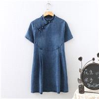 Chinese Plus Size Denim Dress Frog Button Summer Short Sleeves Cheongsam Dress Dress Skirt - Lafanni