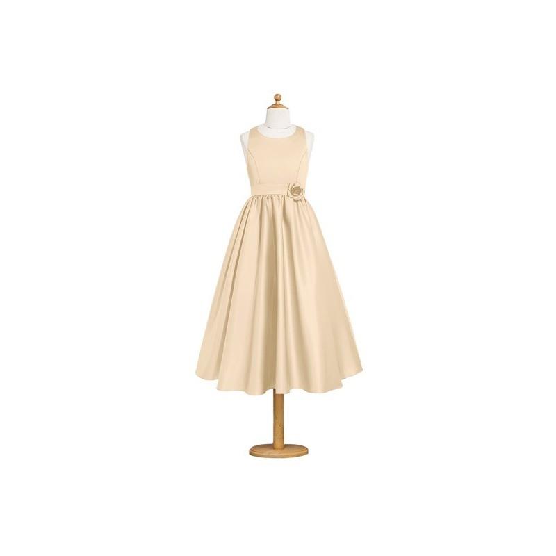 My Stuff, Champagne Azazie Coraline JBD - Scoop Tea Length Satin Strap Detail Dress - Charming Bride