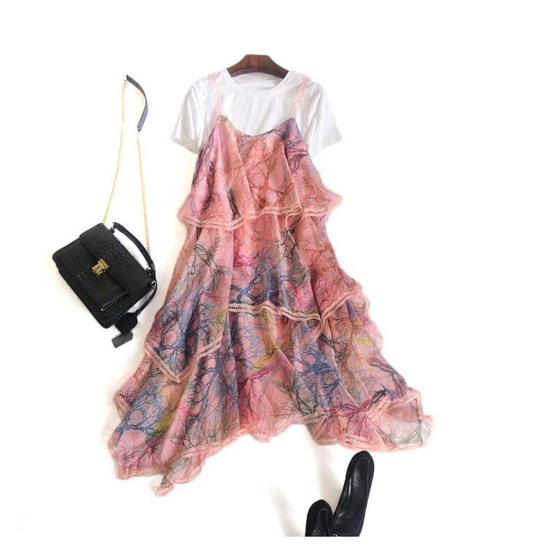 My Stuff, Printed Summer Short Sleeves Twinset Strap Dress T-shirt - Lafannie Fashion Shop