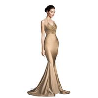 Calechi C1992 Satin Court Train Elegant Open Back Ruffle Gold Halter Sleeveless Fit & Flare Prom Dre