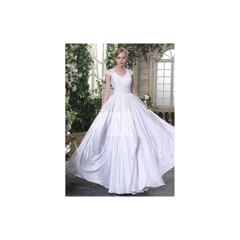 My Stuff, Graceful Satin Chiffon V-neck Neckline Lace Appliques A-line Wedding Dresses - overpinks.c