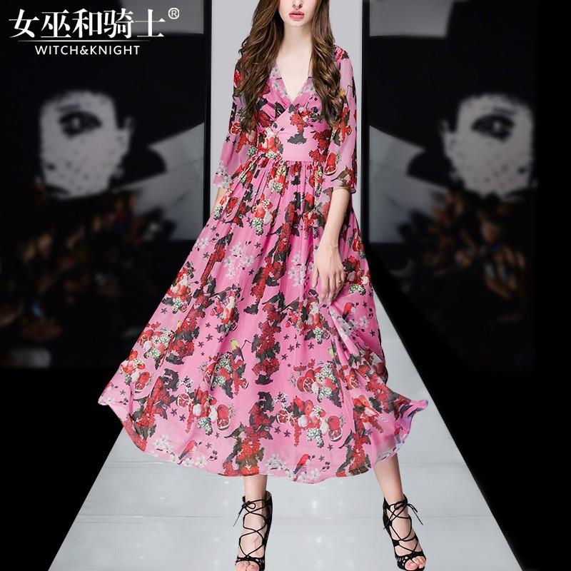 My Stuff, Vogue Printed Slimming Flare Sleeves V-neck Trail Dress Chiffon Summer Dress - Bonny YZOZO