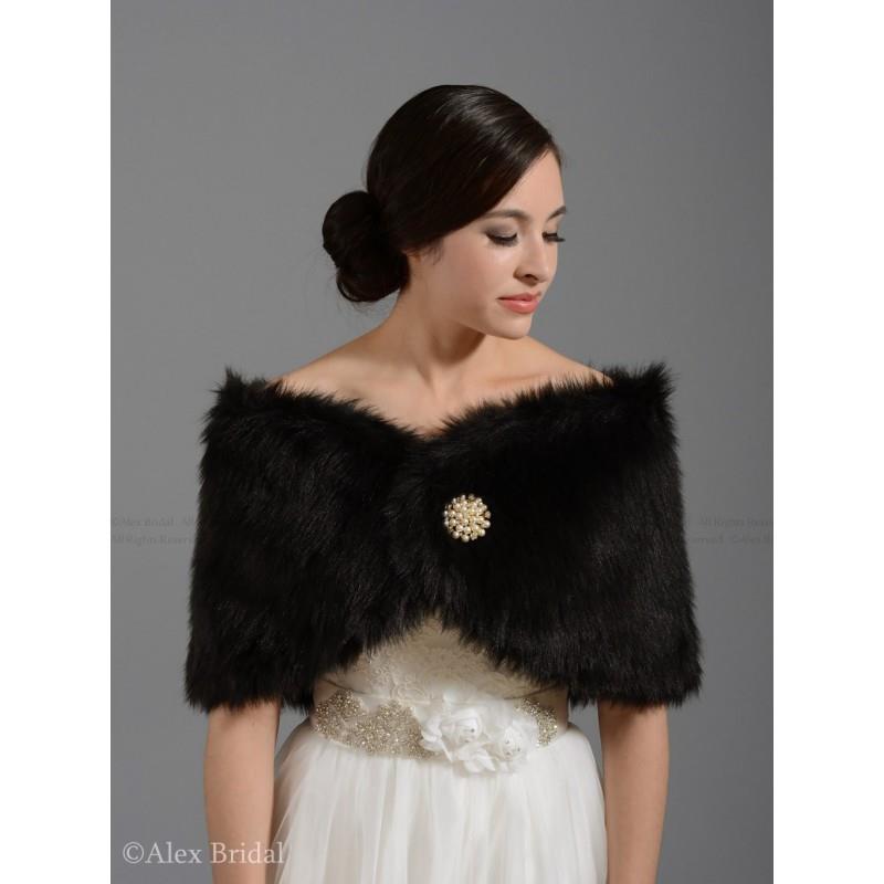 My Stuff, Black faux fur bridal wrap shrug stole shawl cape FW005-Black regular / plus size - Hand-m