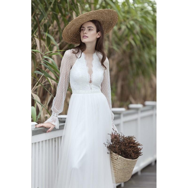 wedding, Divine Atelier 2018 Olivia Sweep Train Open Back White V-Neck Bishop Sleeves Aline Embroide