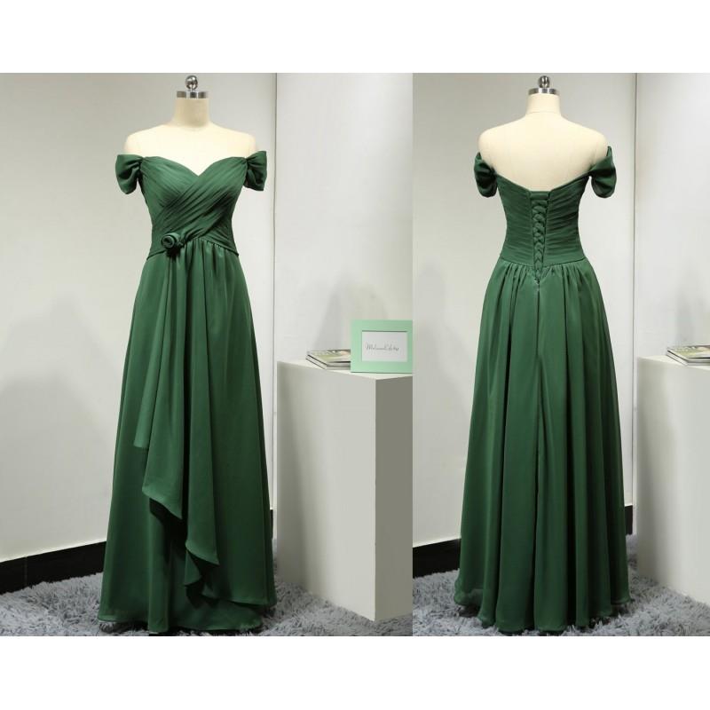 My Stuff, Off the Shoulder Short Sleeves Sweetheart Chiffon Dark Green Long Bridesmaid Dress with Ha