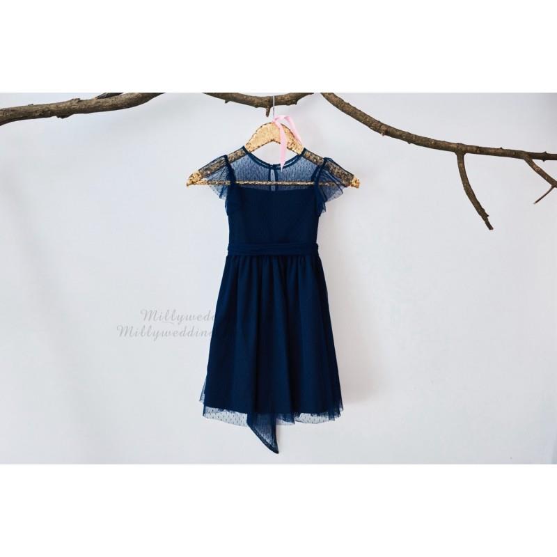 My Stuff, Cap Sleeves Navy Blue Tulle  Flower Girl Dress Junior Bridesmaid Wedding Party Dress M0020