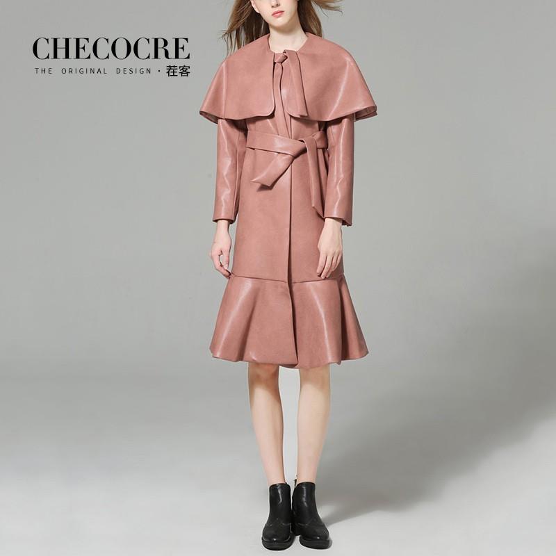 My Stuff, Split Front Slimming Leather Skirt Lace Up Frilled Mid-length Skirt Puncho Coat Dress - Bo