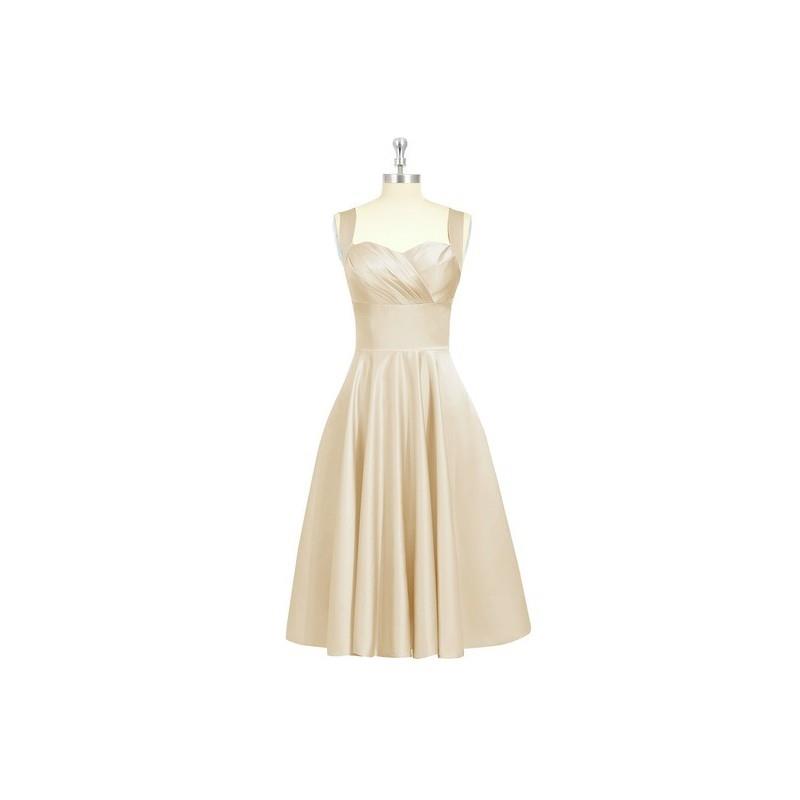 My Stuff, Champagne Azazie Amber - Knee Length Back Zip Satin Sweetheart Dress - Charming Bridesmaid