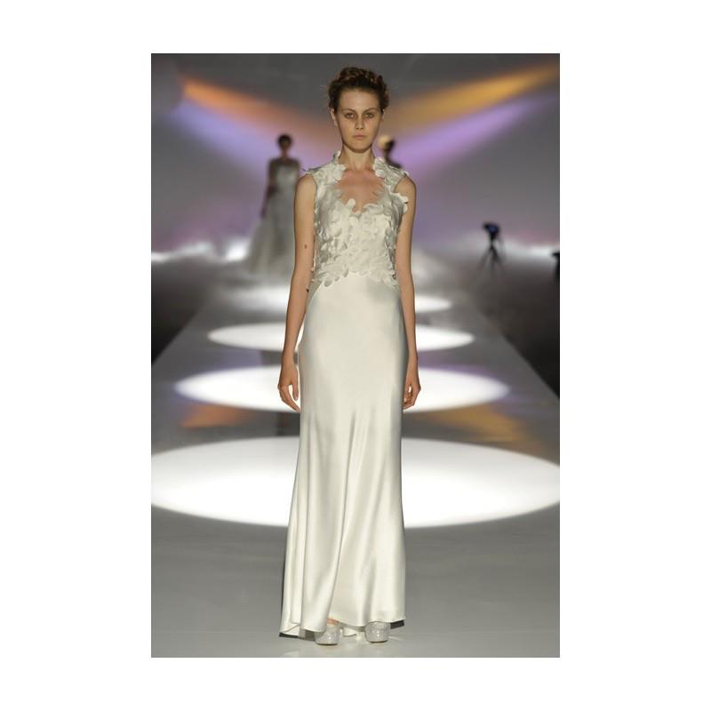 wedding, David Fielden - 2013 - Sleeveless Silk Satin Sheath Wedding Dress with a Petal Detail Bodic