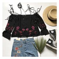 Sweet Embroidery Bow Bateau Off-the-Shoulder Floral Black Top Chiffon Top - Bonny YZOZO Boutique Sto