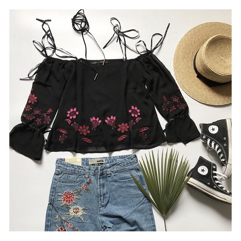 My Stuff, Sweet Embroidery Bow Bateau Off-the-Shoulder Floral Black Top Chiffon Top - Bonny YZOZO Bo