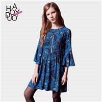 Spring/summer 2017 new Bohemian flower prints trumpet sleeves loose doll skirt dress - Bonny YZOZO B