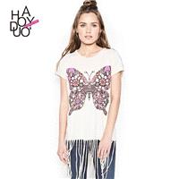 2017 winter women's wear new casual Butterfly print fashion tassel short t shirt - Bonny YZOZO Bouti