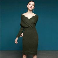 Winter new elegant wavy edge V-neck Batwing Sleeves High waist wool knit dress small fork mid-Length