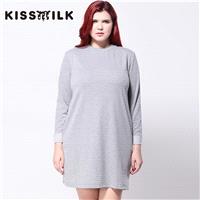 2017 autumn new style Plus Size Ladies dress pure color loose slim Round neck long-sleeved dress lon