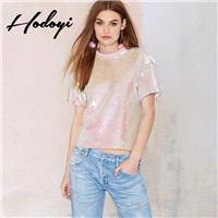 2017 Amoi ladies pink sequin short sleeve t shirt women-Europe cargo loose t shirt - Bonny YZOZO Bou