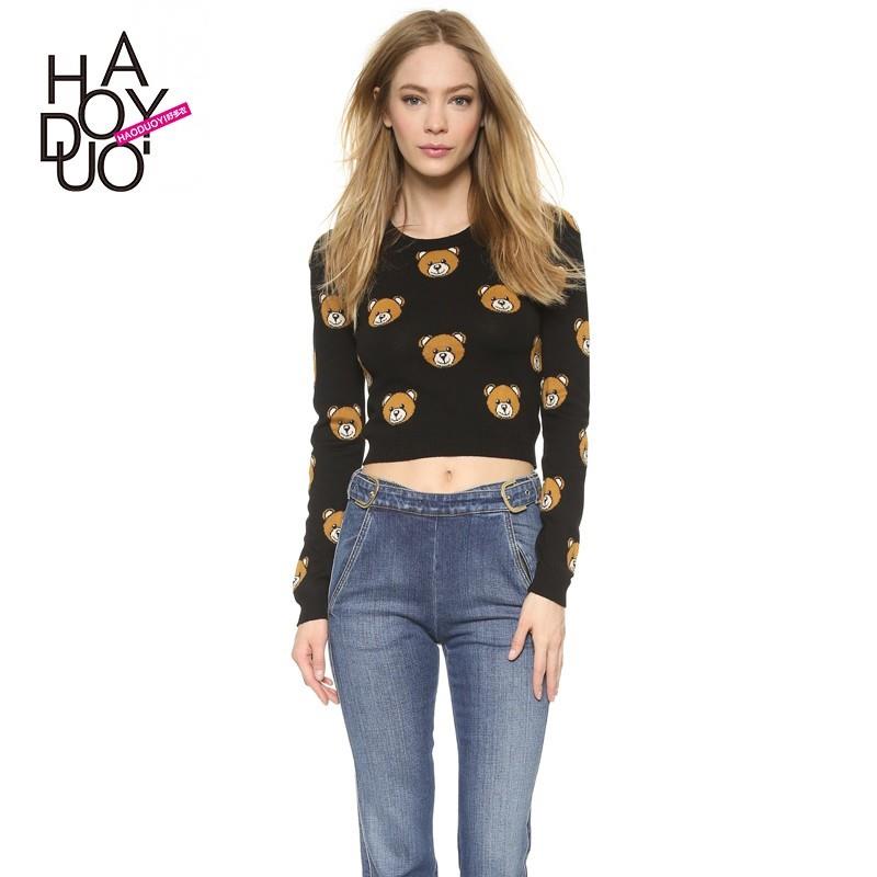 My Stuff, Jacquard Teddy Bear Cheerful 9/10 Sleeves Crop Top Knitted Sweater Sweater - Bonny YZOZO B