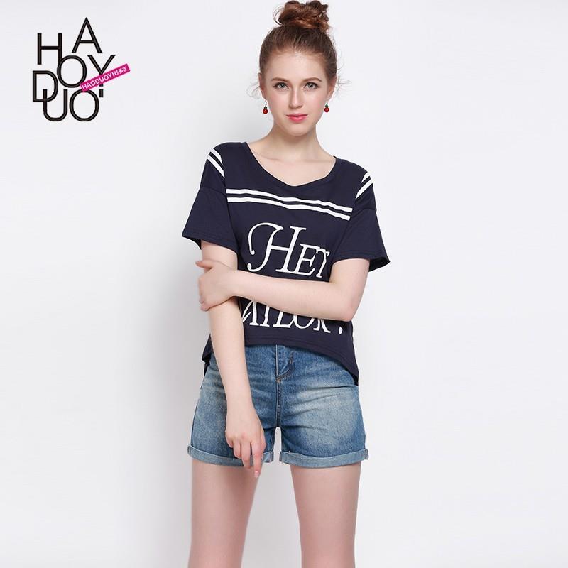 My Stuff, Hey Sailor crew neck decoration printed Navy Blue round neck short sleeve women t-shirt -