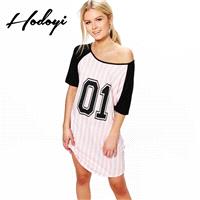 Must-have Vogue Printed Split Front Scoop Neck 1/2 Sleeves Number Summer Stripped Dress - Bonny YZOZ