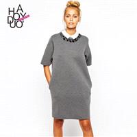 Summer 2017 new boyfriend style casual shirt dress collar beaded space cotton dress - Bonny YZOZO Bo