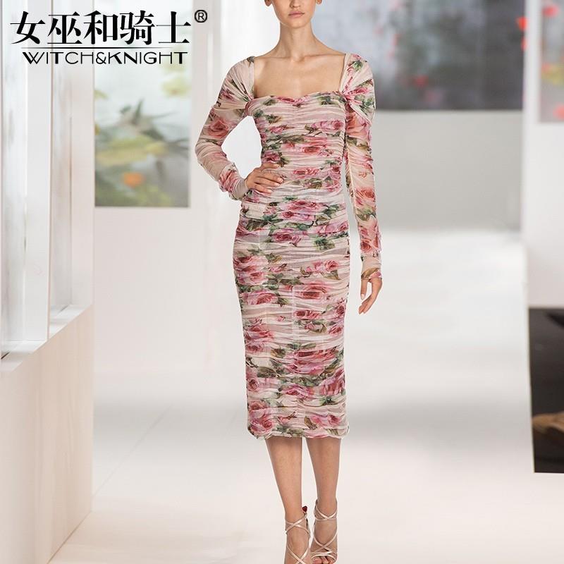 My Stuff, Elegant Sexy Attractive Printed Ruffle Slimming Mesh Dress Rose Pink Dress - Bonny YZOZO B