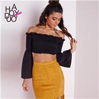 Fashionable sexy strapless drape tube top shirt flowing trumpet sleeves navel-baring chiffon shirt -