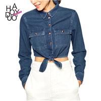 Ladies fall 2017 new classic-bound hem short navel-baring denim long sleeve shirt women - Bonny YZOZ