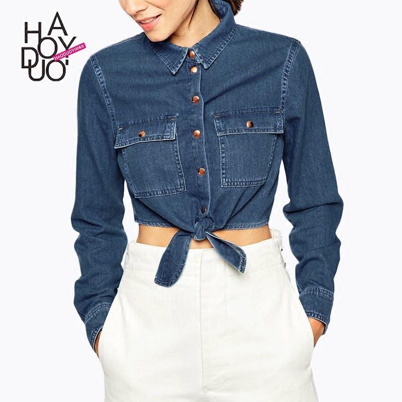 wedding, Ladies fall 2017 new classic-bound hem short navel-baring denim long sleeve shirt women - B