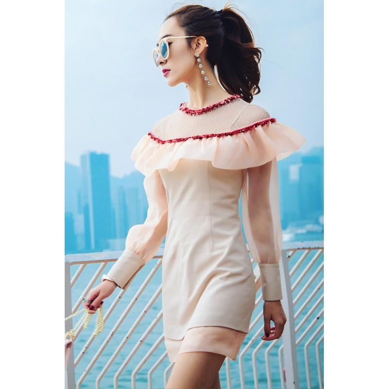 My Stuff, Split Front Solid Color Slimming Sheath Organza Frilled 9/10 Sleeves Formal Wear Dress - B